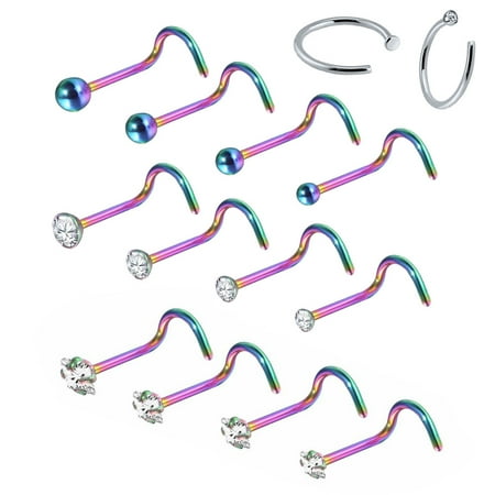BodyJ4You 14PC Nose Screw Studs 20G Stainless Steel Rainbow Hoop Ring Jewelry