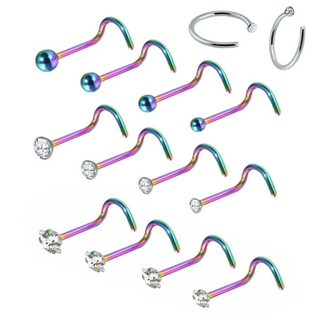 - BodyJ4You 14PC Nose Screw Studs 20G Stainless Steel Rainbow Hoop Ring Jewelry (0.8mm)