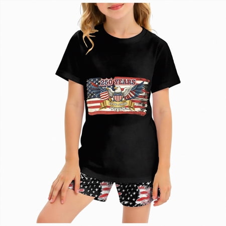 Xudanell Toddler Girl 4th of July Shorts Set Summer Baby Kids Independence Day Graphic Shirt Stretch Waist Shorts Sets Black 9-10 Years