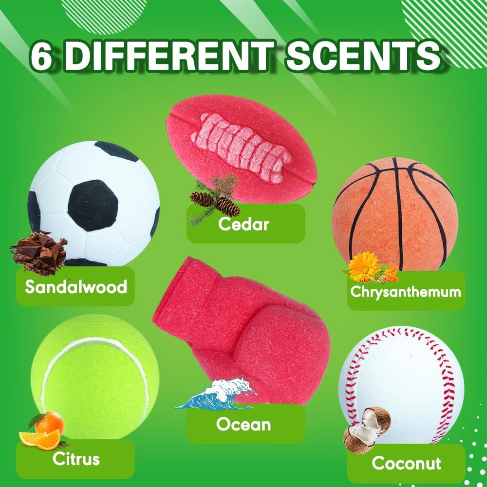HZEX Large Organic Bath Bombs with 6 Different Sports Themes, 6 Various Bathbomb Scents for Men Boys Women Kids, Natural Paraben Free Bath bomb with Essential Oils