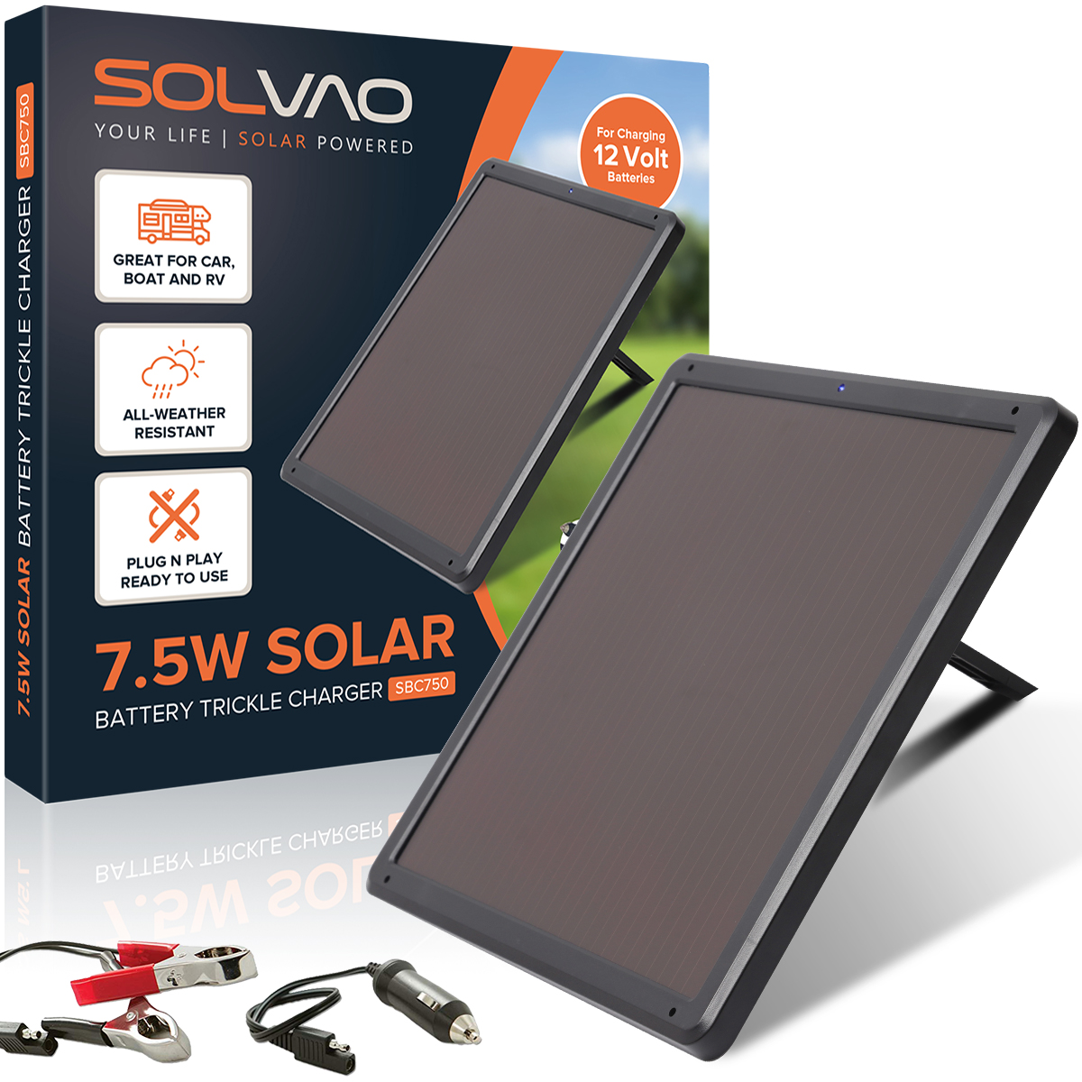 SOLVAO 7.5W Solar Trickle Charger & Battery Maintainer for 12 Volt
