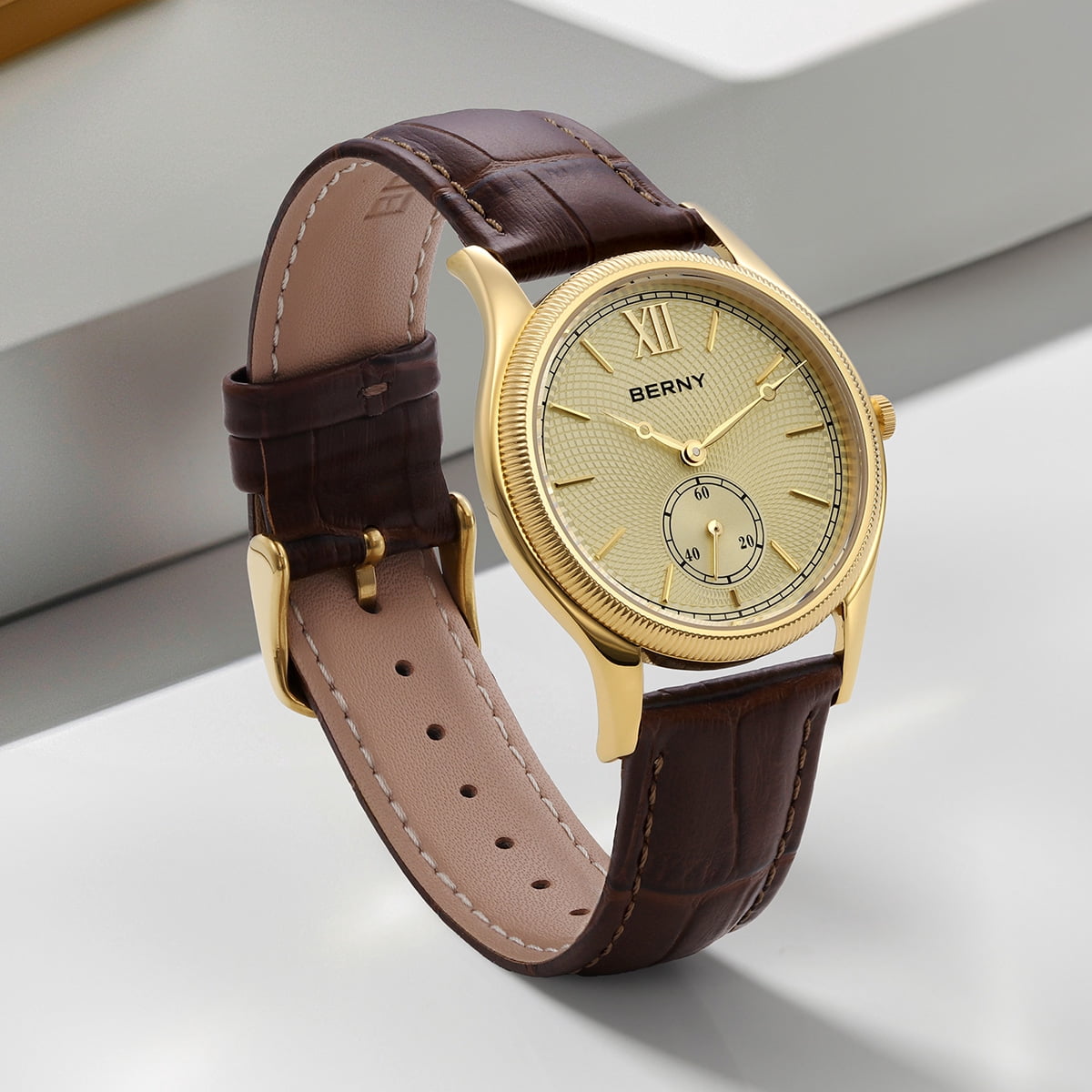 BERNY Watches for Men, Ultra-Thin Minimalist Leather Watch, Stainless Steel Case, Waterproof Analog Quartz Watch, Business Dress Watches with Small Seconds (Gold)