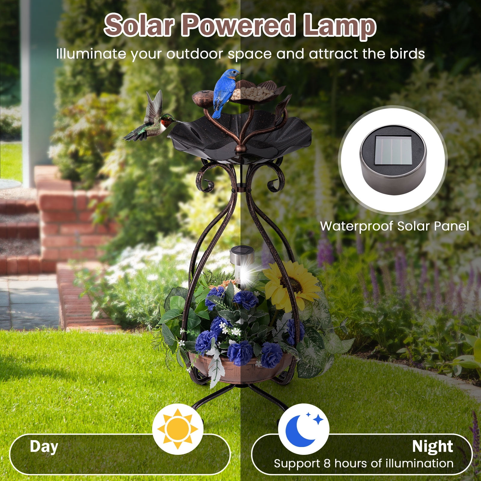 Infans Solar Outdoor Bird Bath & Feeder Combo w/ Flower Planter Pedestal & Solar Lights