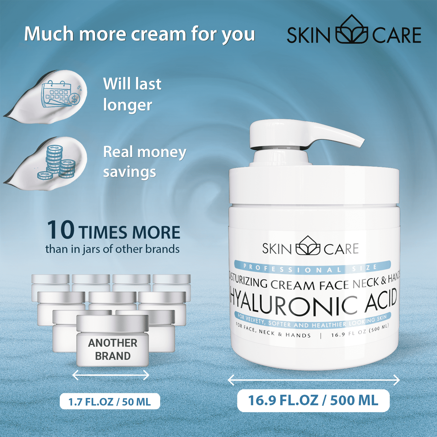Skin Care Moisturizing Cream with Hyaluronic Acid for Face, Neck & Hands- 16.9 fl. oz.