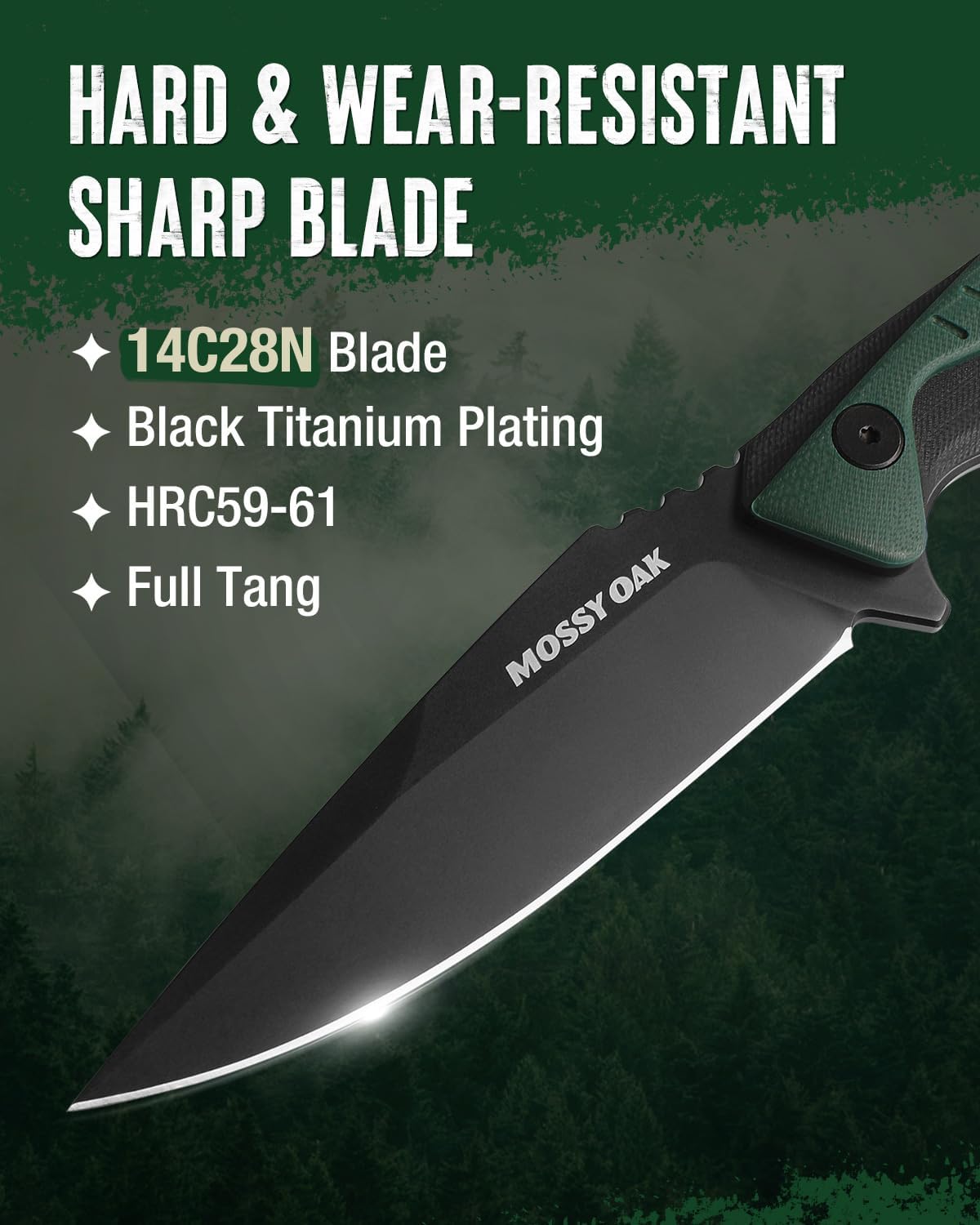 Mossy Oak 9.5" Fixed Blade Hunting Knife with Sheath, 14C28N Full Tang, G10 Handle Outdoor Knife for Survival, Camping, Hiking(Green)