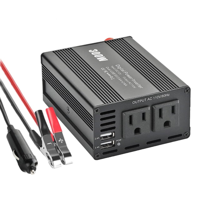 12V to 110V Car Power Inverter with 300W Rated & 600W Peak Power, Modified Sine Wave, 2 US Standard AC Outlets, 2 USB Ports (2.4A & 3A), 6 Protection Functions, Intelligent Temperature Control Fan,