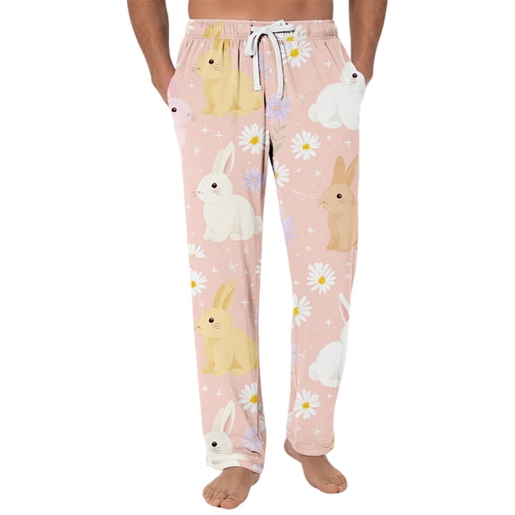 Hearthz Easter Men Pajama Pants Cute Bunny Rabbit Graphic Lounge Sleep Pant Drawstring Straight Leg Sleep Bottoms with Pocket