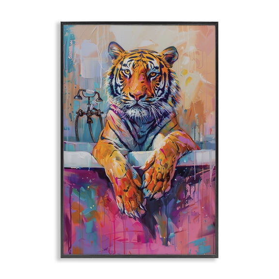 Stupell Industries Bathing Tiger in Bright Tub Abstract Painting Black Framed Art Print Wall Art, 12 x 18
