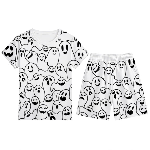 Tisuna Boys Diy Pajama Set Halloween Ghost Print Short Sleeve Round Neck Shorts Sleepwear Outfit Elastic Waist Casual Loungewear For Kids 2-12 Years White Size 3-4 Years