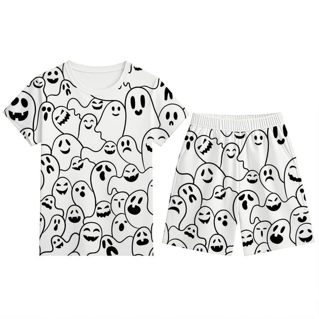 Ediodpoh Ensemble de Pyjama pour Garçons Ensemble de Pyjama Imprimé Halloween Manches Courtes Col Rond Shorts Tenue Confortable Taille Élastique Vêtements Décontractés pour Enfants 2-12 Ans Ensemble de Vêtements pour Enfants Blanc 5-6 Ans