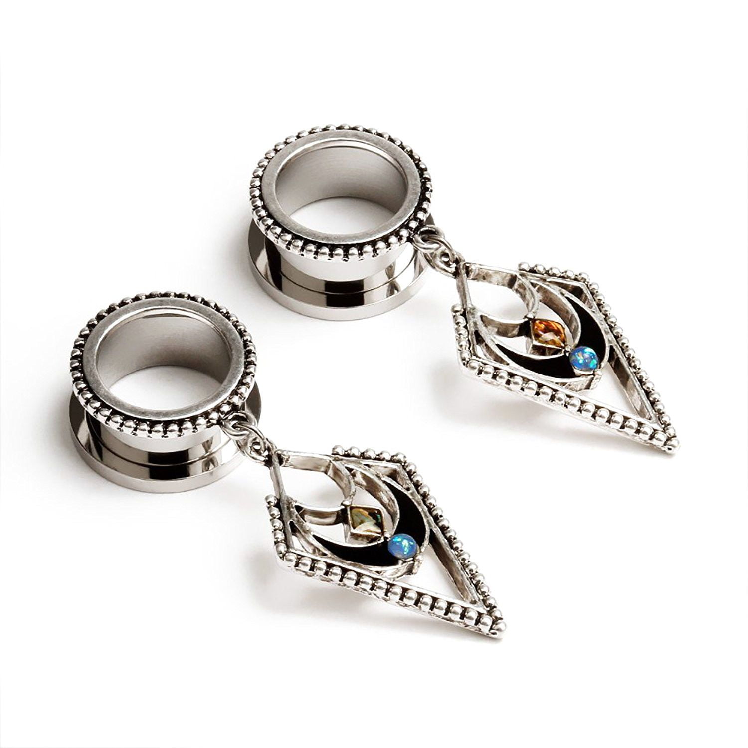 EG Gifts Ear Gauges Triangle Dangle Antique Style with Opal 0G14mm Set