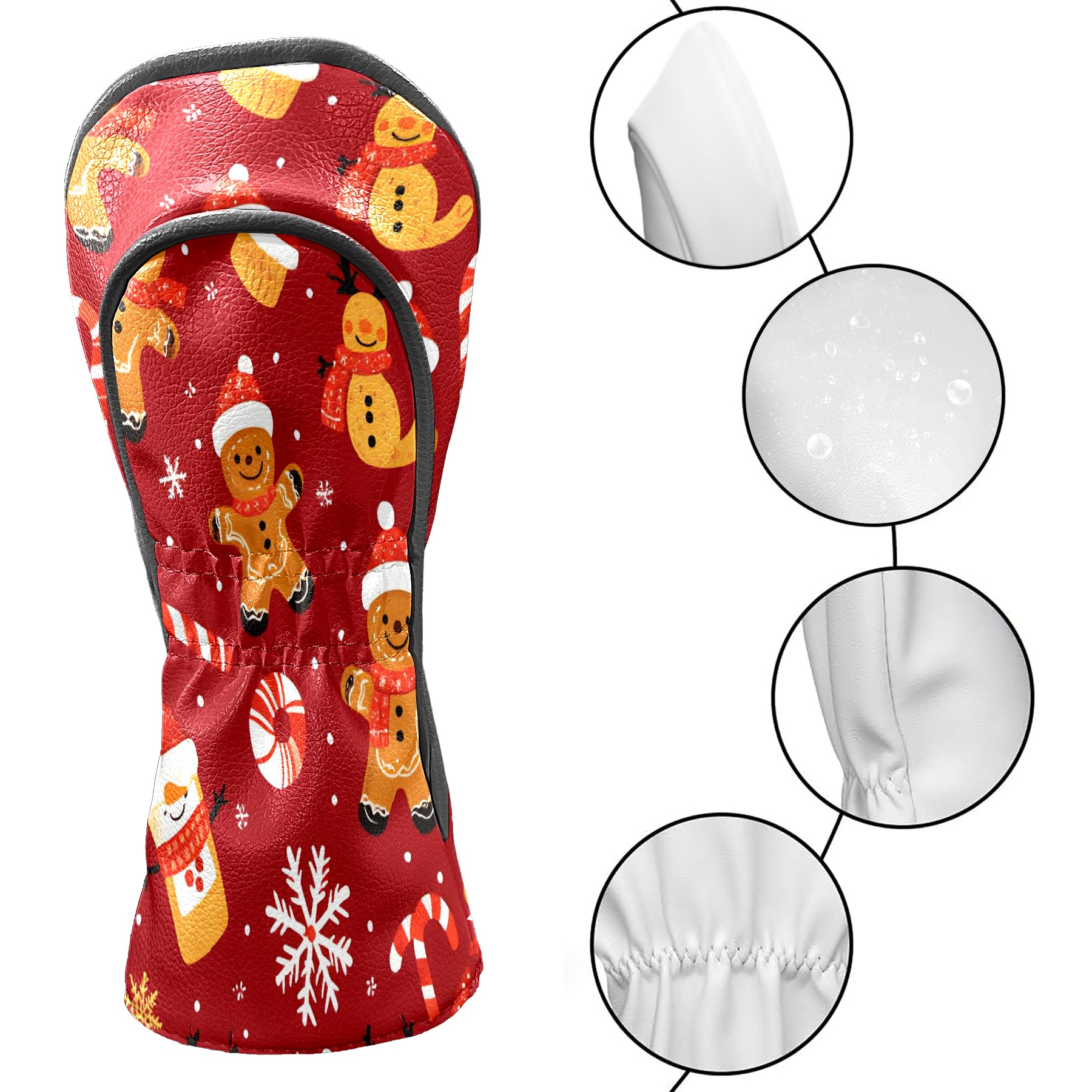 Golf Club Covers, Red Xmas Gingerbread Premium PU Leather Driver Hybrid Putter Head Covers with Velvet Lining, Waterproof Golf Gifts for Men Women