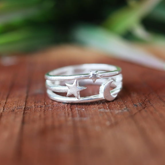 Moon and Stars Ring, 925 Sterling Silver Ring, Celestial Silver Ring, Handmade Ring, Statement Ring, Galaxy Ring, Moon Star Band, Gift Ring*