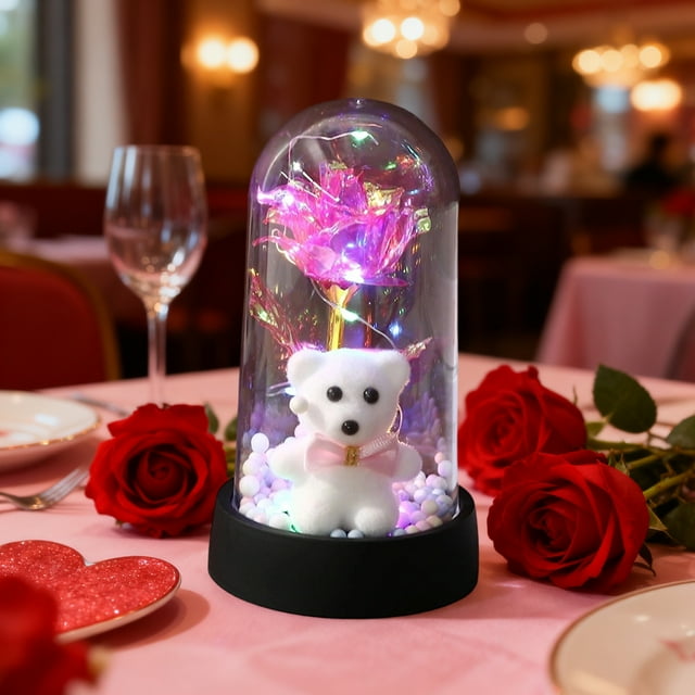 Adorno de oso rosa preservada con luz LED nocturna para San Valentín | Decoración romántica de cúpula acrílica | Colores morado, blanco, azul, rojo y rosa | Regalo para el alféizar de la ventana del