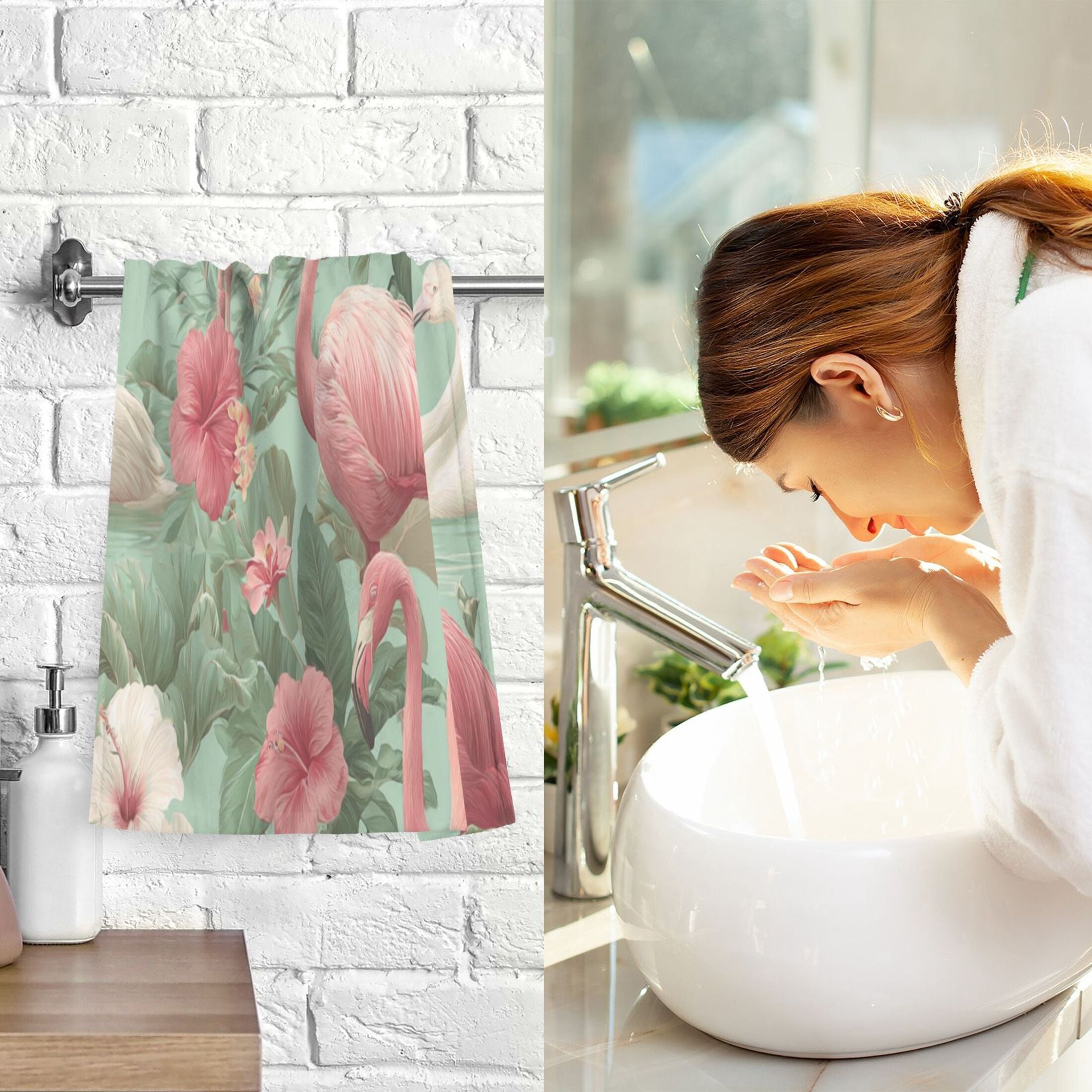2 Pcs Hand Towels Sets Flamingo Tropical Leaves Pattern Cotton Towel Set Absorbent Face Towel for Bathroom Kitchen Shower Hotel Decor