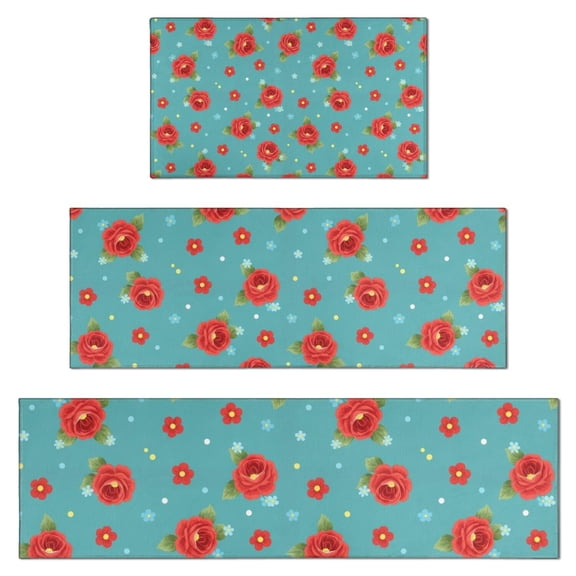 Pioneer Flower Floral Print Pattern Kitchen Rugs Sets Of 3,Kitchen Runner Rugs Non Skid Washable,Decorative Kitchen Floor Mats for Kitchen,Sink,Laundry,17X30 Inch 17X47 Inch 17X59 Inch