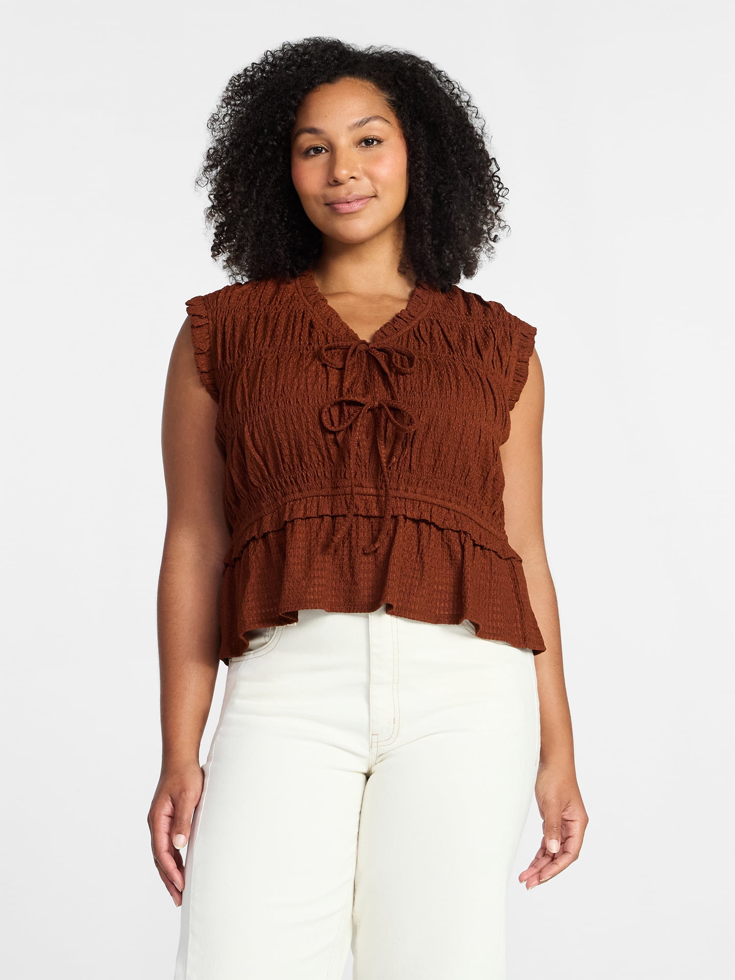Time and Tru Women's Textured Tie Front Top, Sizes XS-XXXL