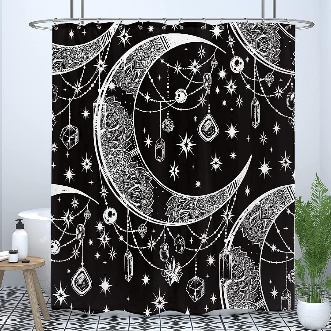 Mandala Celestial Shower Curtain 72Wx72H Inch Boho Moon Star Black