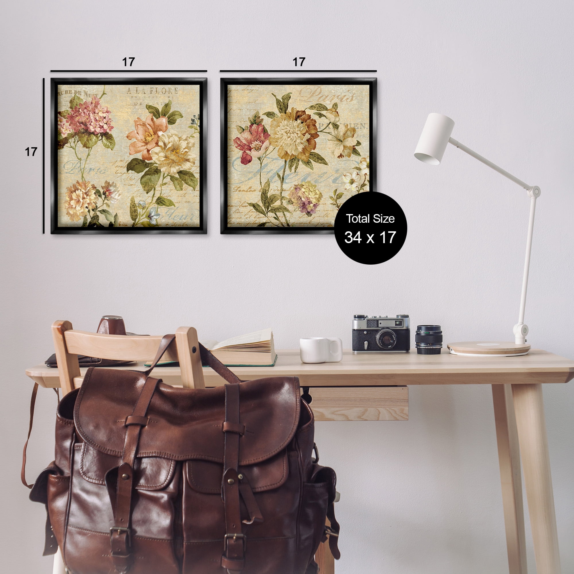 Stupell Industries Vintage French Floral with Script Botanical & Floral Painting Black Floater Framed Canvas Art Print Wall Art, 18 x 18, Set of 2
