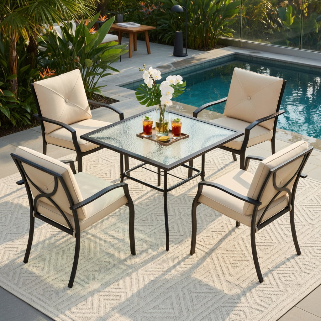 Hommoo 2-Pack Stackable Metal Outdoor Dining Chairs with Armrests, Olefin Cushions, Ergonomic Patio Seating for Backyard BBQs and Alfresco Dining, Beige & Black