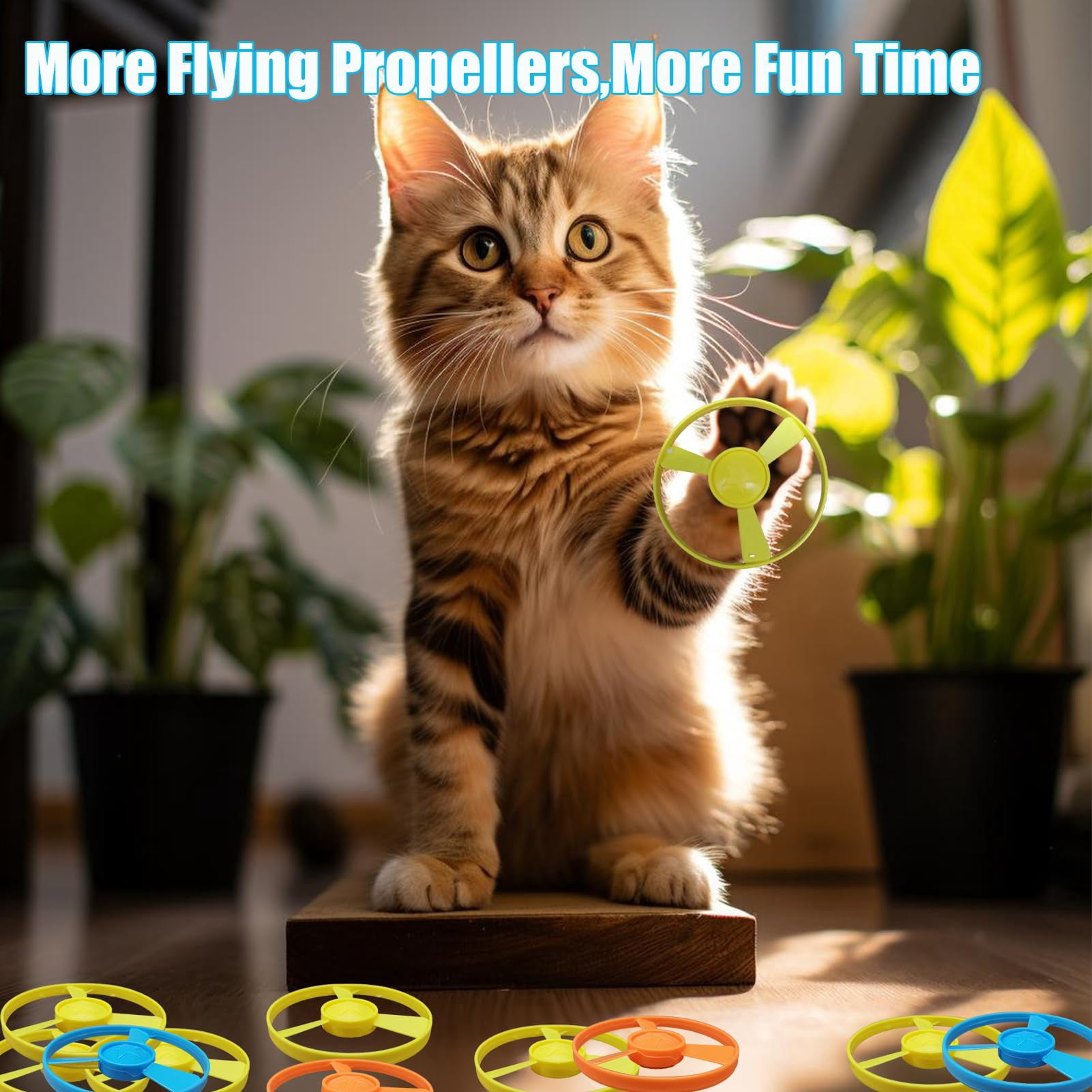 Cat Fetch Toy with Colorful Flying Propellers - Interactive Kitten Chasing Training Toy, Flying Disc Launcher Set for Indoor Outdoor Hunting Play, Pet Enrichment Activity