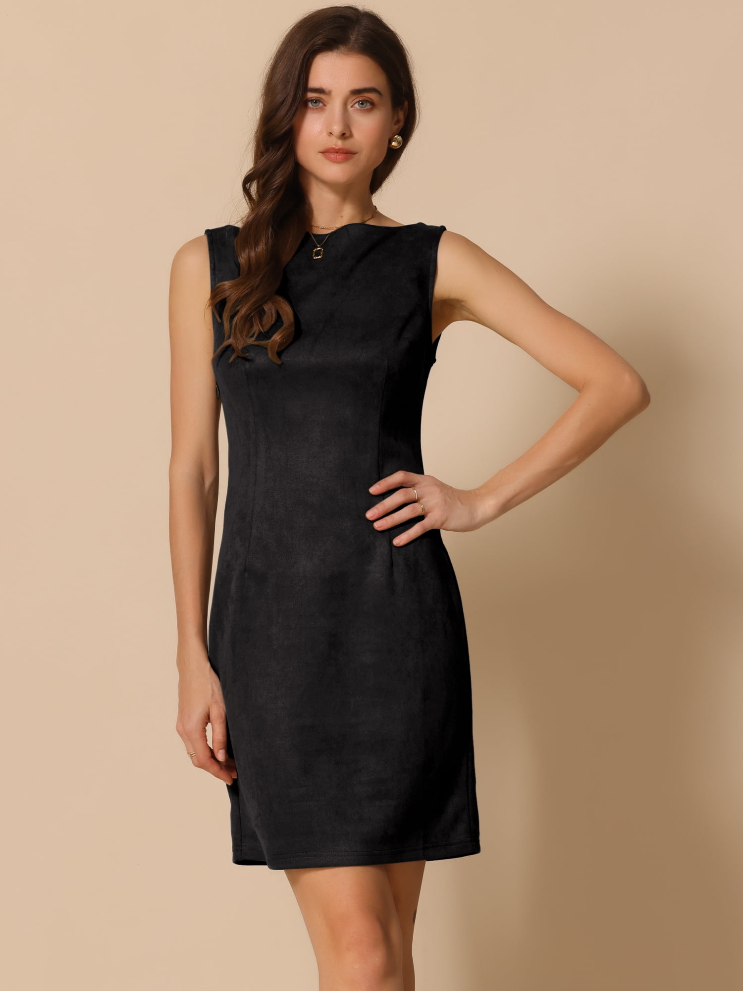 DARING DIVA Faux Suede Boat Neck Sleeveless Sheath Dress XS Black