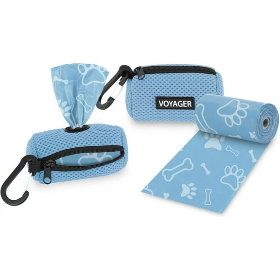 Best Pet Supplies 2pk Dog Poop Bag Holder with Clip On for Leash, Soft Mesh Doggie Puppy Waste Bag Dispenser Pouch with 2 Rolls of Pet Trash Bags for Travel, Walking, and Outdoor Use - Baby Blue