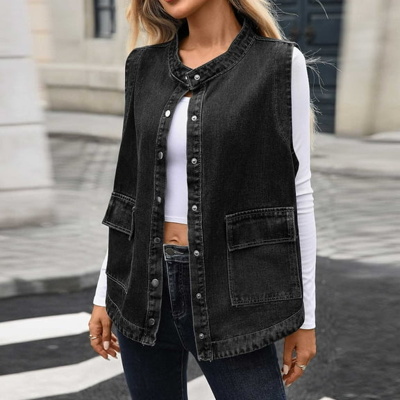 ClodeEU Women's Oversized Denim Vest, Sleeveless Mid Long Button Down Jeans Jackets ,Vests Tops Waistcoat ﻿ Black,Womens Plus L