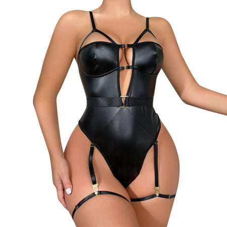 GWAABD Lingerie for Women Lingerie for Women 2 PC Leather Teddy Bodysuit Lingerie Cutout off Shoulder Conjoined PU Lace Up Garter Teddy Bodysuitï¼1 Bodysuit+1 Garter ï¼