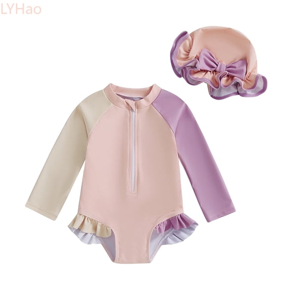 LYHao Girls Long Sleeve Swimsuit With Hood Color Block Design Comfortable Swimwear For Kids Toddler,2 Piece Bikini Swimsuit 18-24 Months Beige