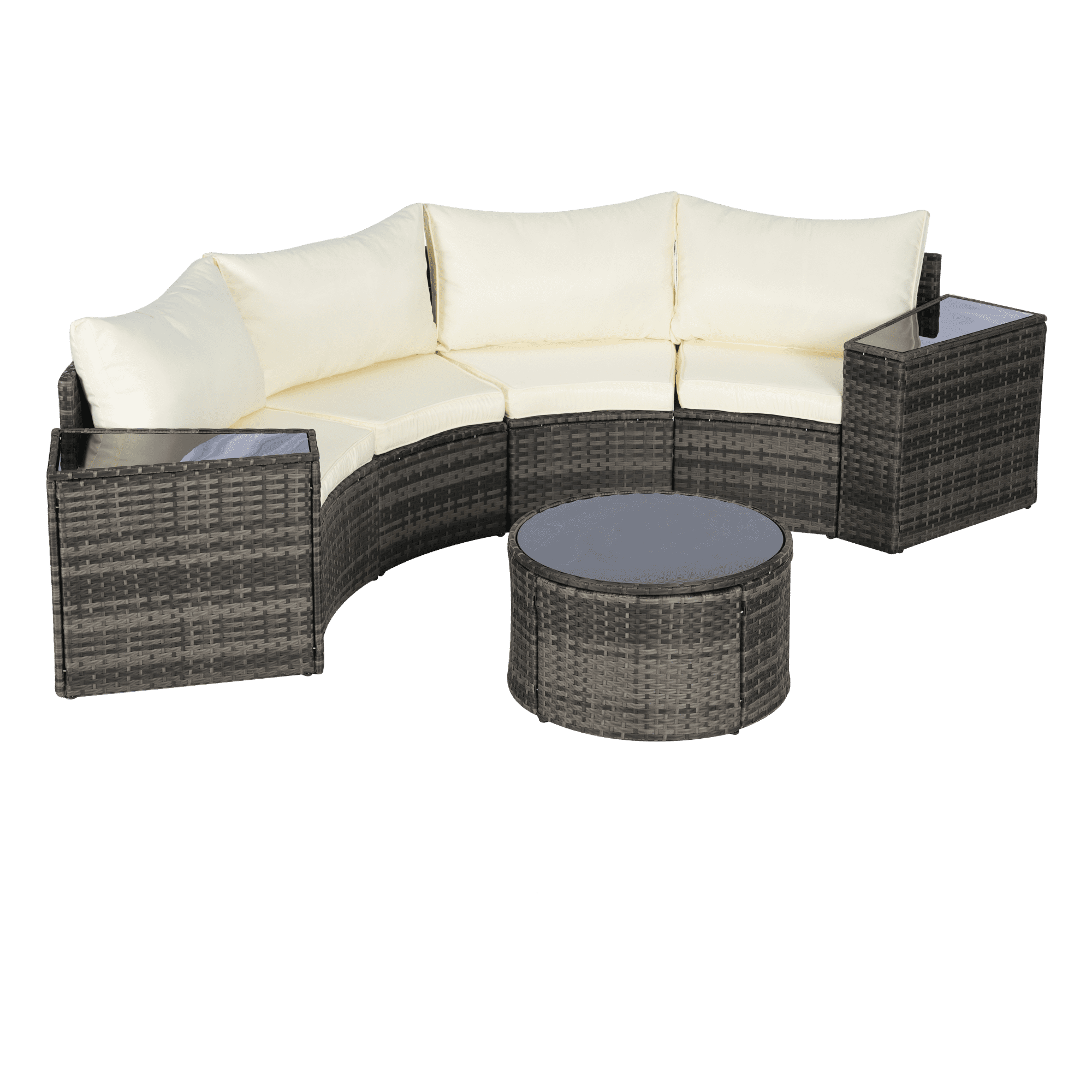 7-Piece Outdoor Patio Furniture Half-Moon Sectional Round Patio Furniture Set Sofa with Tempered Glass Round Coffee Table (Beige)