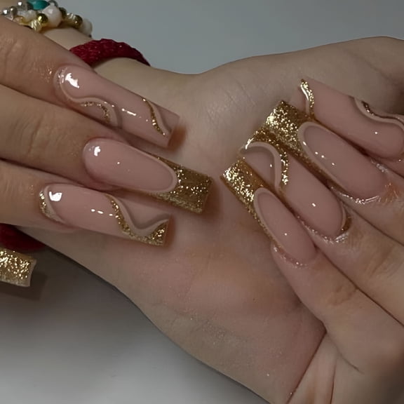 RAGUPEL Press On Nails Long - Nude, Pink, French Tip, Almond, Coffin, Glitter, Gold, Ombre With Nail Charms And Rhinestones