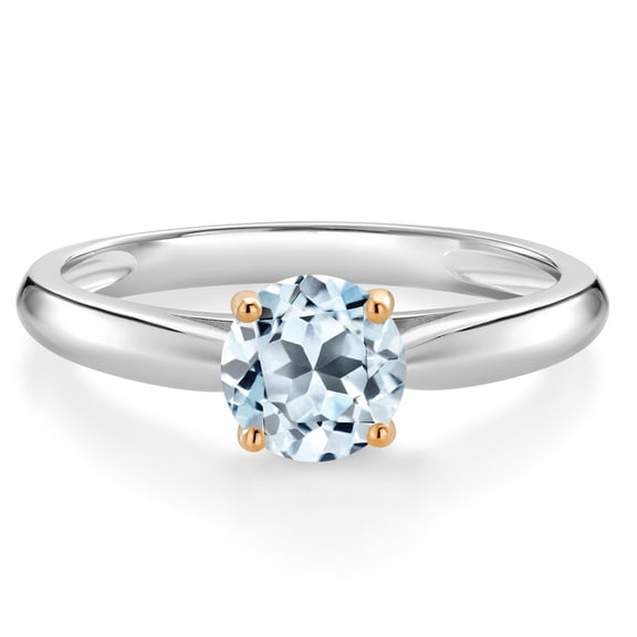 Gem Stone King 1.00 Ct Round Sky Blue Topaz 10K White and Yellow Gold Solitaire Engagement Ring (Size 8)