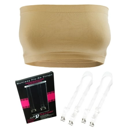 (Tan) Seamless Strapless Bandeau Tube Top Bra with Clear Pin Straps By Strap N’ Guard®