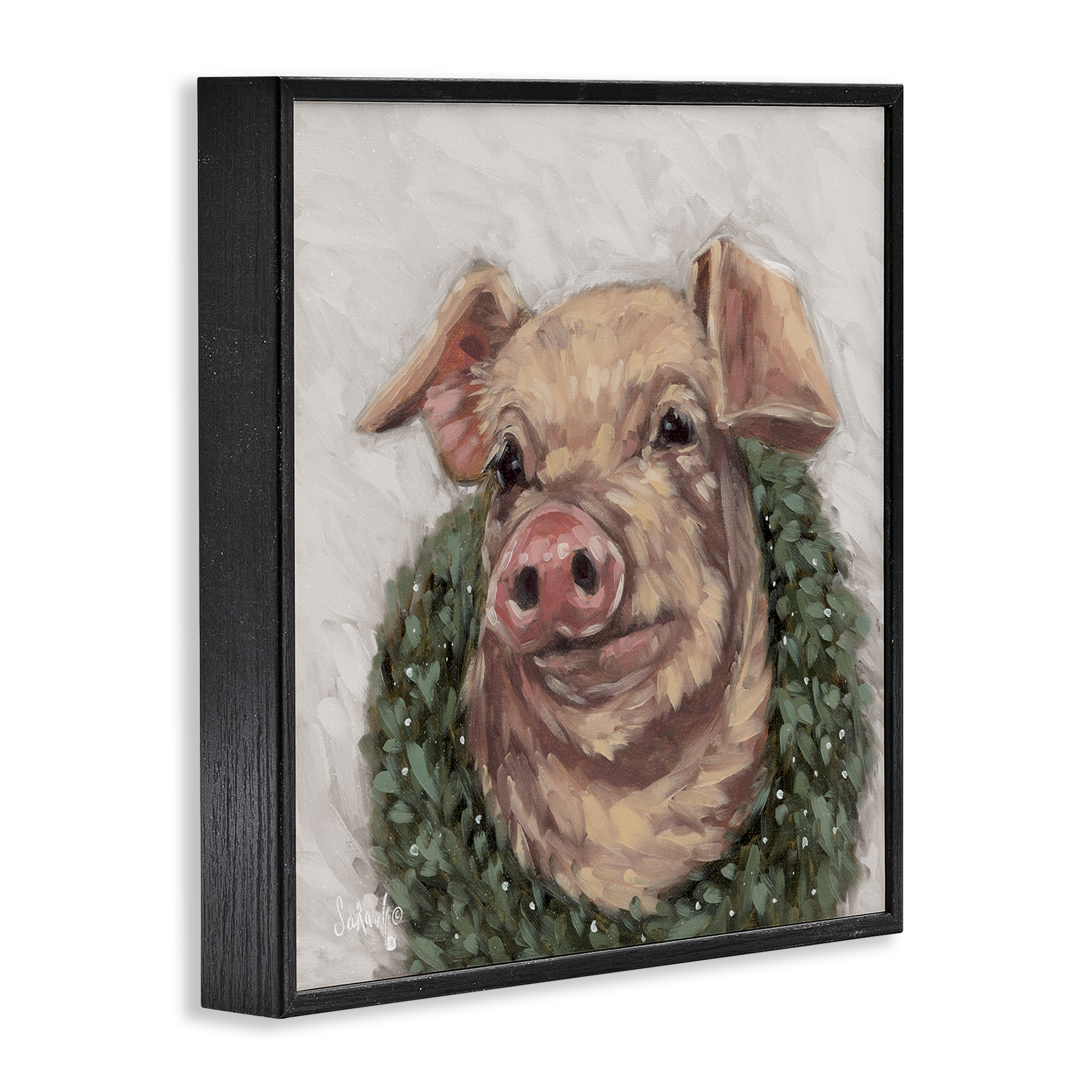 Stupell Industries Pig with Holiday Wreath Holiday Painting Black Framed Art Prints Wall Art, 24 x 24