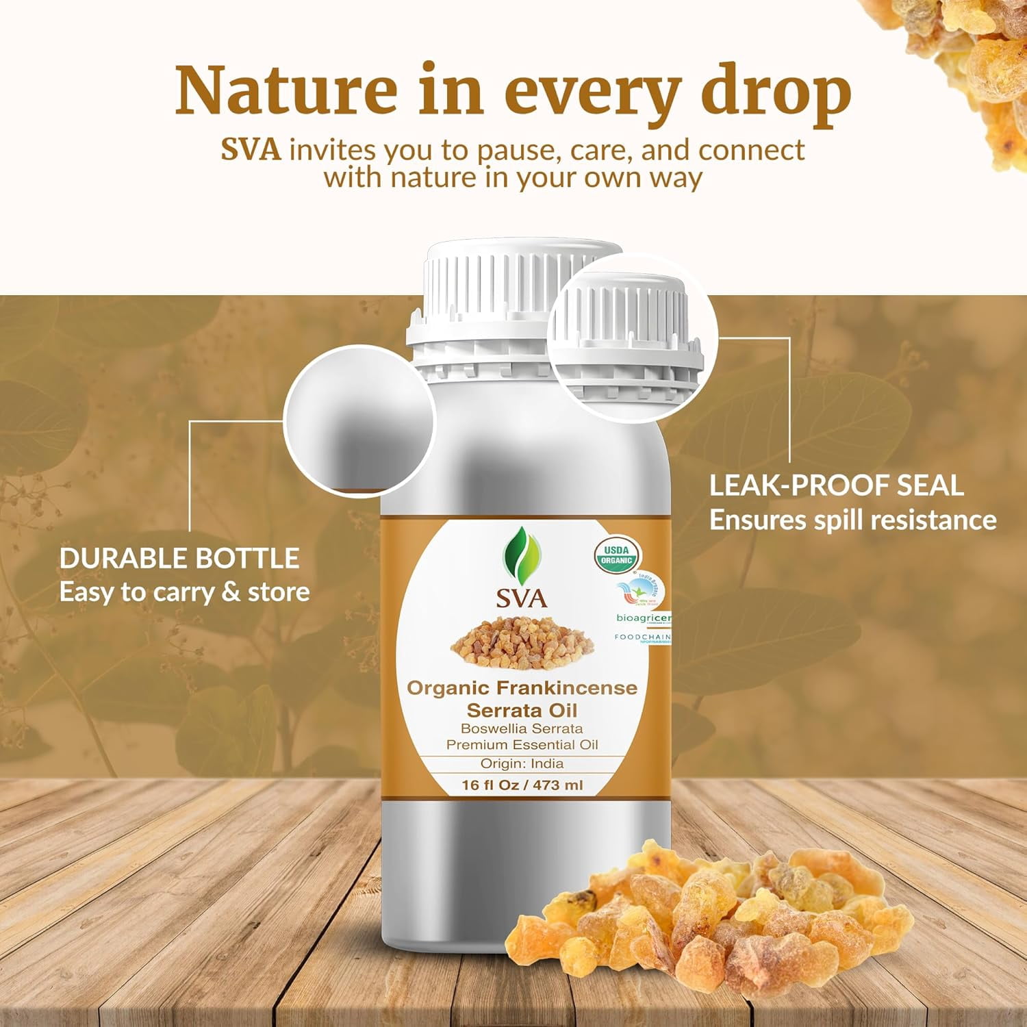 SVA Organic Frankincense Essential Oil – 16 Fl Oz – 100% Natural Boswellia Serrata Oil - for Diffuser, Hair Care, Face, Skin Care, Aromatherapy, Scalp and Body Massage, Soap and Candle Making