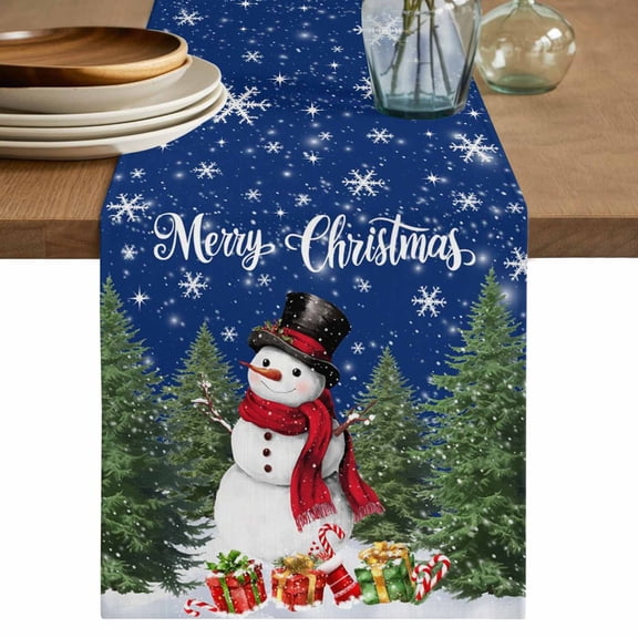 Navy Blue Christmas Table Runner 60 Inches, Snowman Xmas Tree Snowflake Winter Gifts Bed Runner Dresser Scarves Tabletop for Indoor Outdoor Parties/Ceremony/Banquet, 13" x 60"