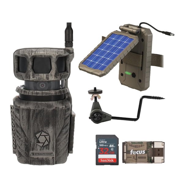 Stealth Cam Revolver 36MP 360-Degree Cellular Trail Camera with 1/4-Inch Mount Bundle with Stealth Cam Solar Power Panel, Camera Holder (2-Pack), 32GB Memory Card and Card Reader (6 Items)