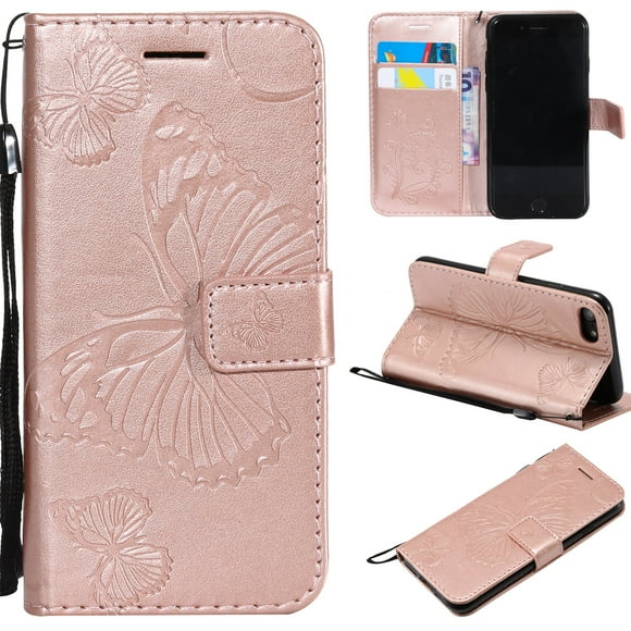 iPhone 8 Wallet Case, iPhone 7 Pattern Case, Dteck Embossed Big Butterfly Magnetic Flip PU Leather Folio Stand Case Cover Built-in Card Slots & Money Pocket, with wrist Strap, Rosegold