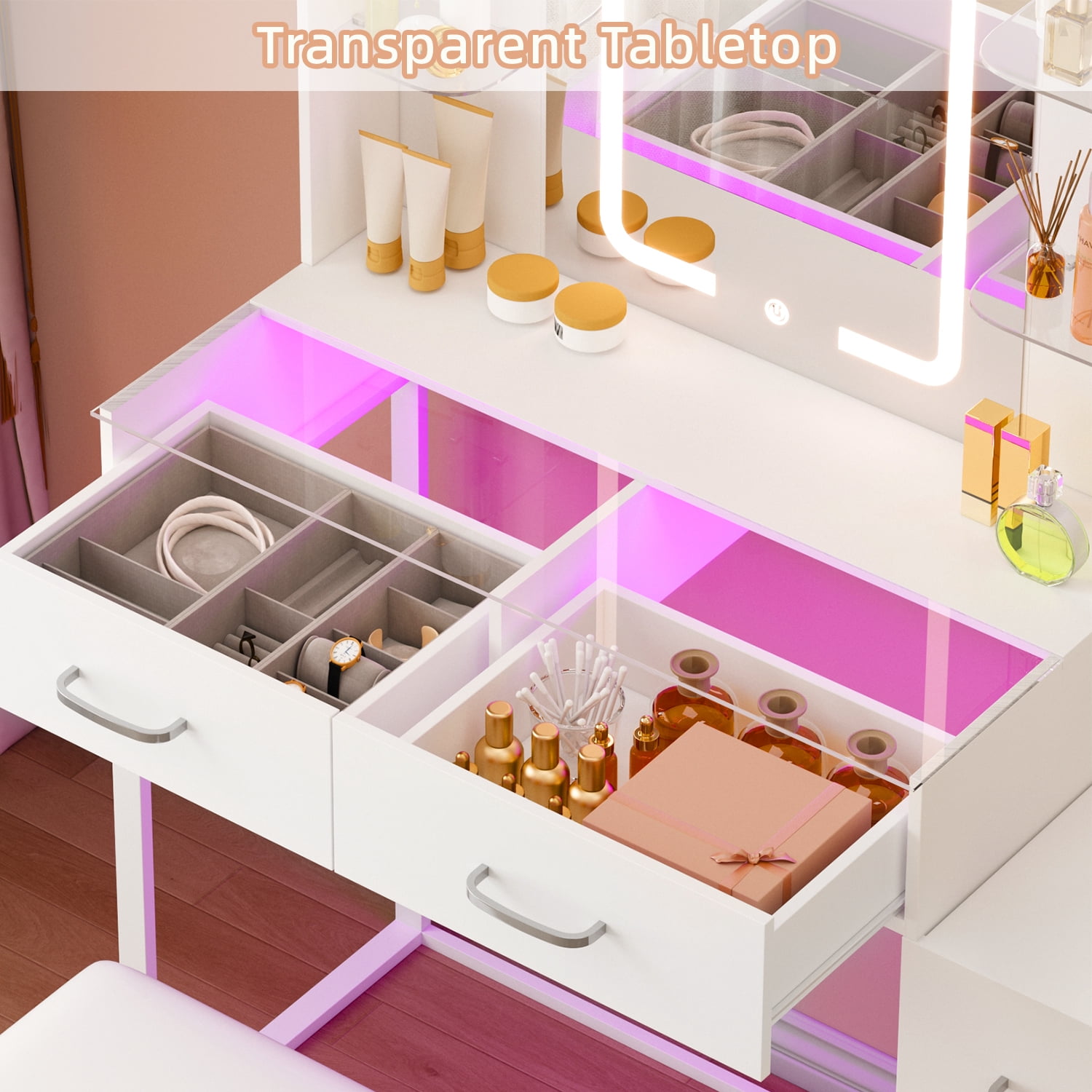 Tomnk 43" Vanity Desk with Stool, LED Mirror, Glass Top and RGB Drawers, White