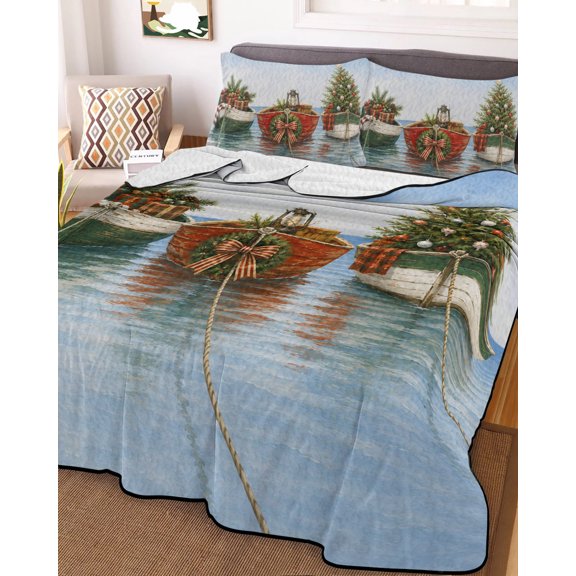 King Quilt Bedding Set, Christmas Trees in Boats Lightweight Coverlet Summer Comforter Set Soft Microfiber Bedspread, Vintage Coastal Sea 3 Piece Quilt Set with 2 Pillow Shams