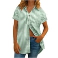 thumbnail image 2 of Striped Button Up Shirts for Women Dressy Casual Short Sleeve Pocket Loose Office Collared Blouses, Green S, 2 of 7