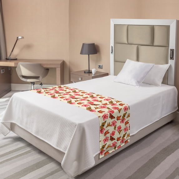 Flowers Insects Bed Runner, Tropical Garden Hibiscus and Monarch Butterflies Pattern, Decorative Accent Bedding Scarf for Hotels Homes and Guestrooms, Twin, Eggshell Coral and Orange, by Ambesonne