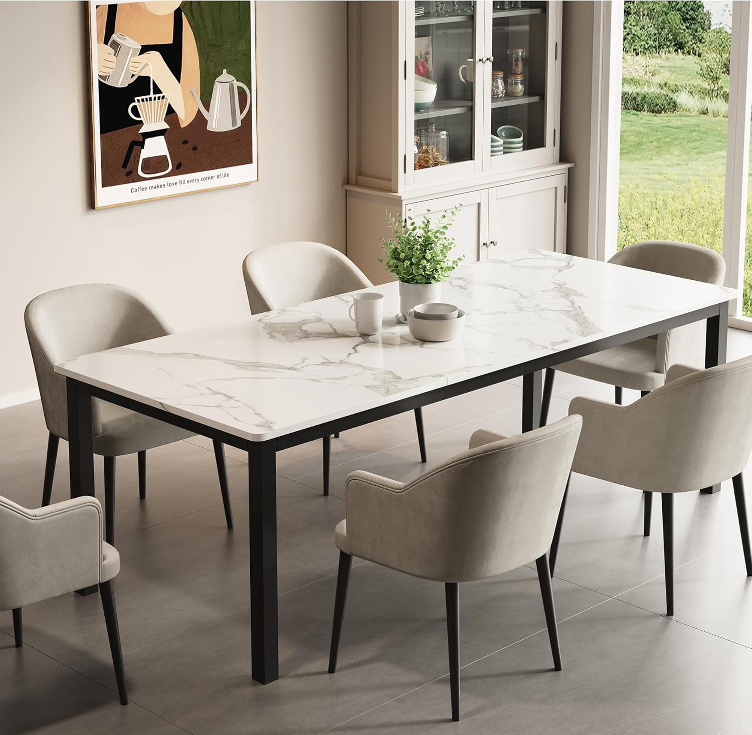 71" Industrial Dining Table for 6, Wooden Long Dinner Table with Mortise Tenon Design, Kitchen Table with Sturdy Metal Legs, for Dining Room Home Office Living Room, White