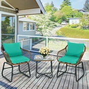 Costway 3PCS Patio Rattan Bistro Set Cushioned Chair Glass Table Deck Turquoise
