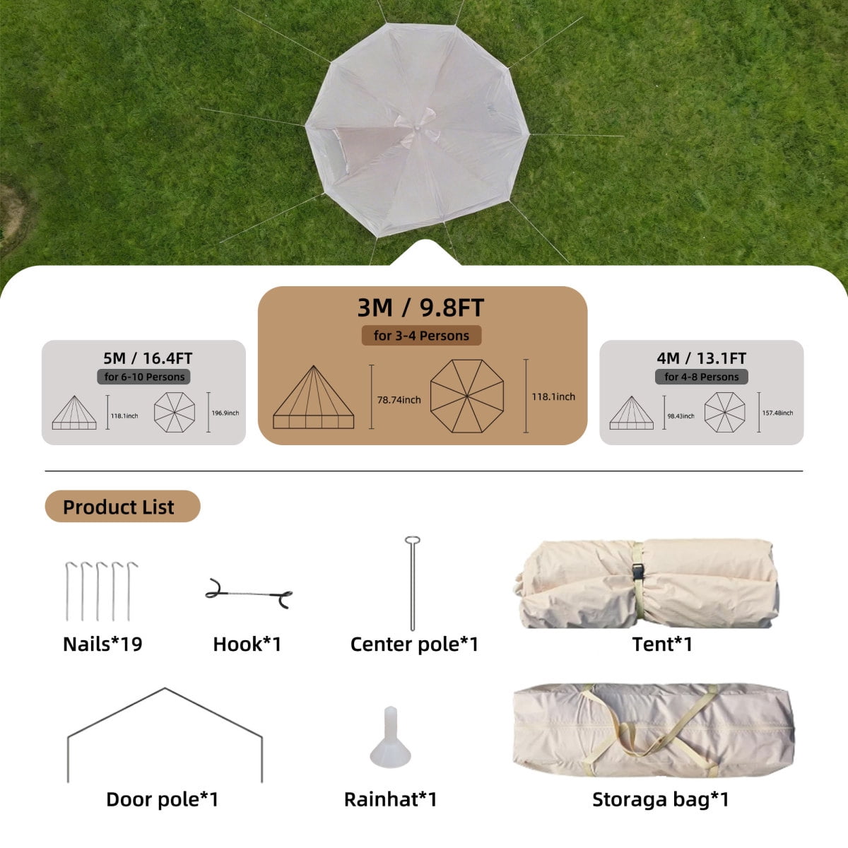 LuckyNote 4 Season Bell Tent 9.8 FT, Beige Waterproof Glamping Yurt Tent with Stove Jack, Fits 4 People Family Camping, Beige