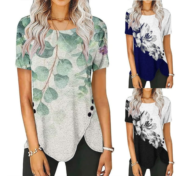 Fesfesfes Yoga Shirts for Women Casual Buttons Printed Short Sleeve Round Neck Pullover Blouse T-shirt Tops Women Short Sleeve Shirt L(US:8)