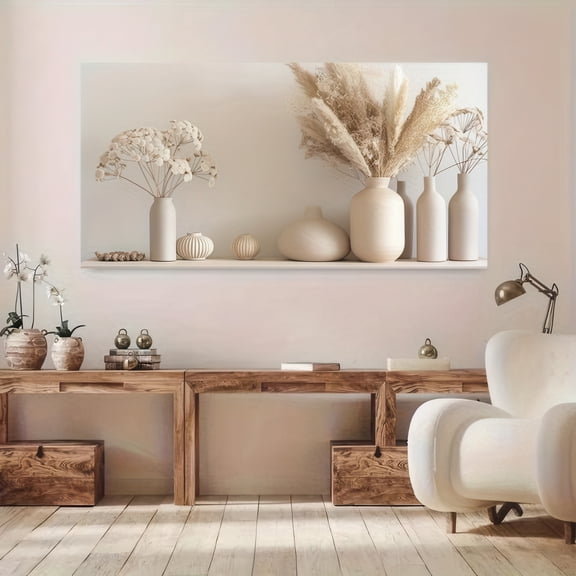 Minimalist Dried Floral Arrangement in Neutral Vases Framed Canvas Wall Art 48x24 Inch Modern Boho Decor for Living Room Bedroom Office