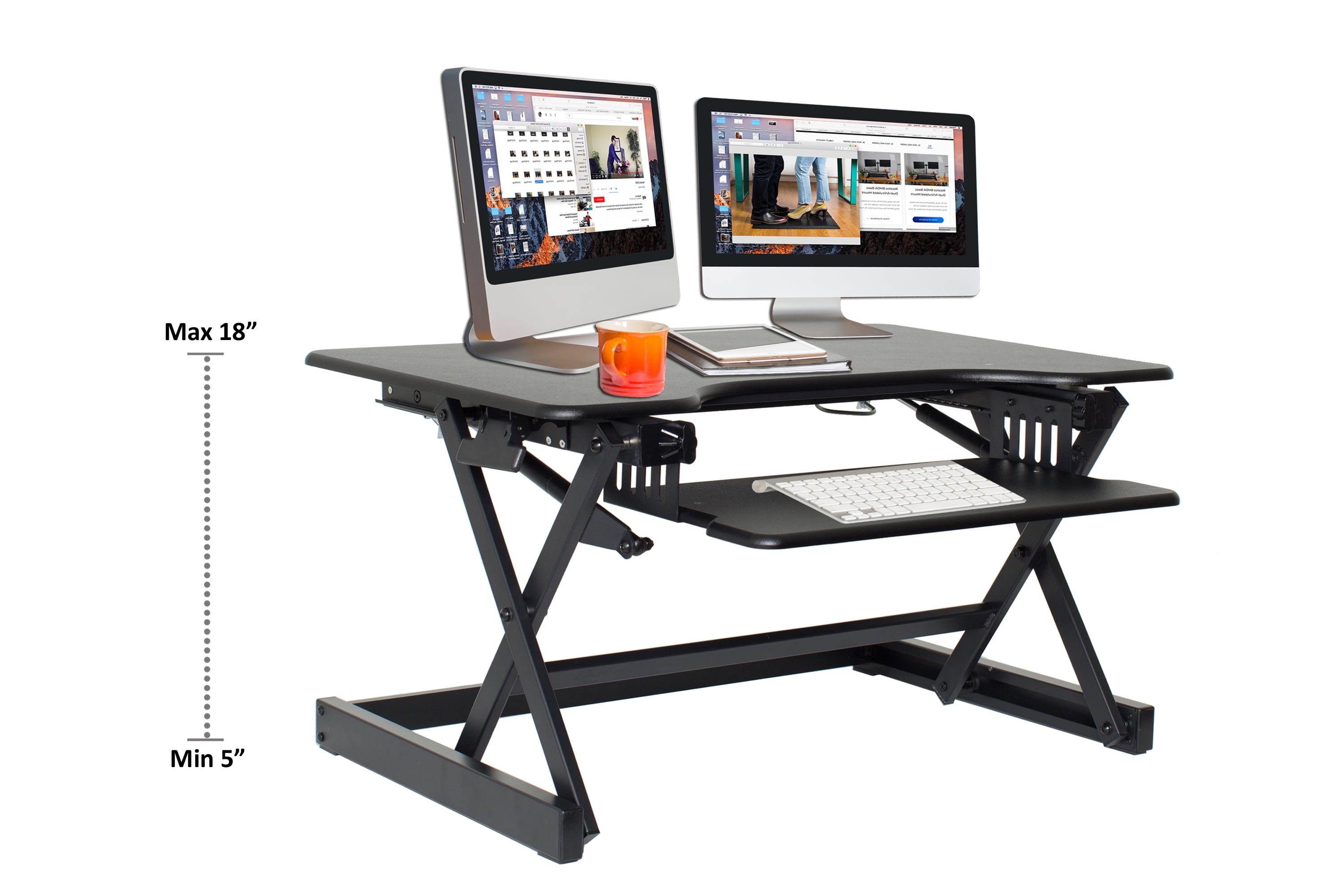 Rocelco 32in. Height Adjustable Standing Desk Converter BUNDLE | Sit Stand Computer Workstation Riser with Anti Fatigue Mat | Dual Monitor Retractable Keyboard Tray Gas Spring | Black (R EADRB-MAFM)