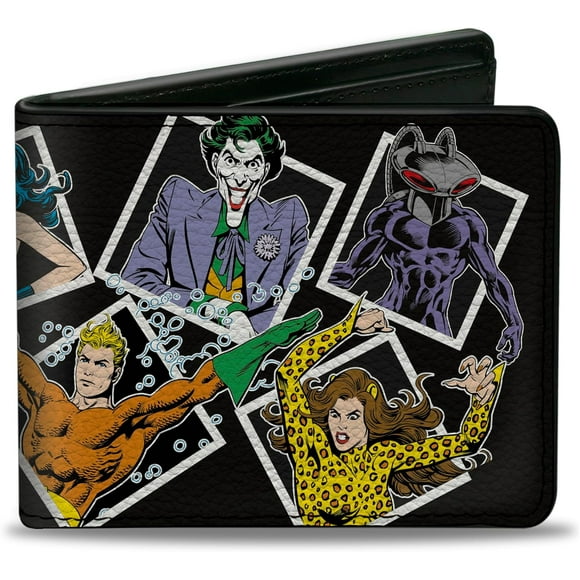 TRAHOO-DC Comics Wallet, Bifold, Justice League Vintage Superhero and Villain Blocks Black, Vegan Leather, Black, 4.0" x 3.5", Casual